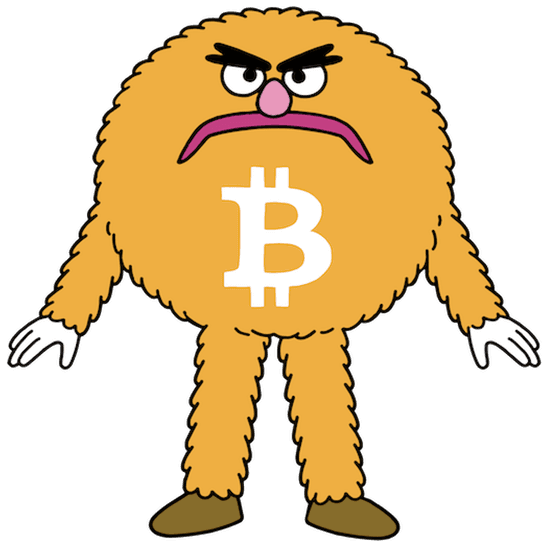 Bitty, a grumpy orange furry bitcoin mascot holding a bitcoin symbol